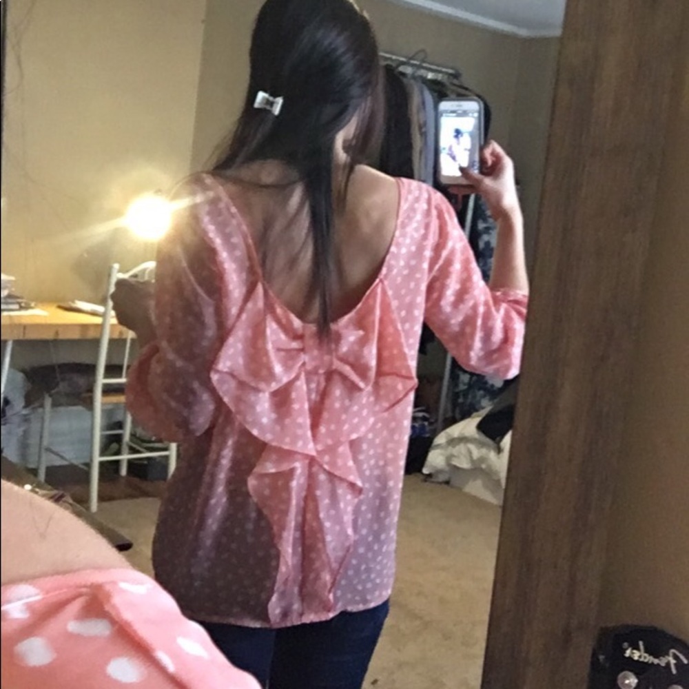 Pink polka dot sheer blouse with ribbon detail